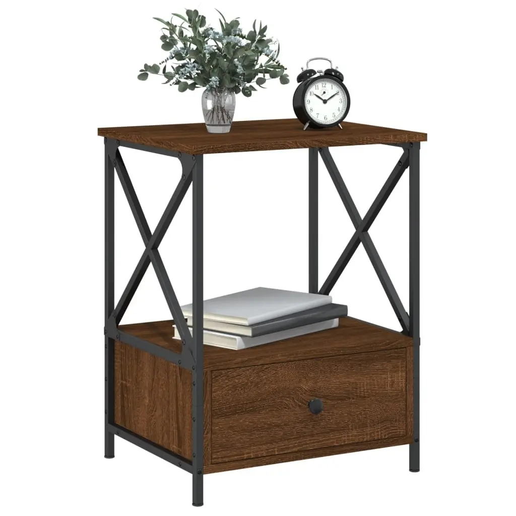 Bedside Tables Industrial Style Brown Engineered Wood Iron Frame 2 Piece Set