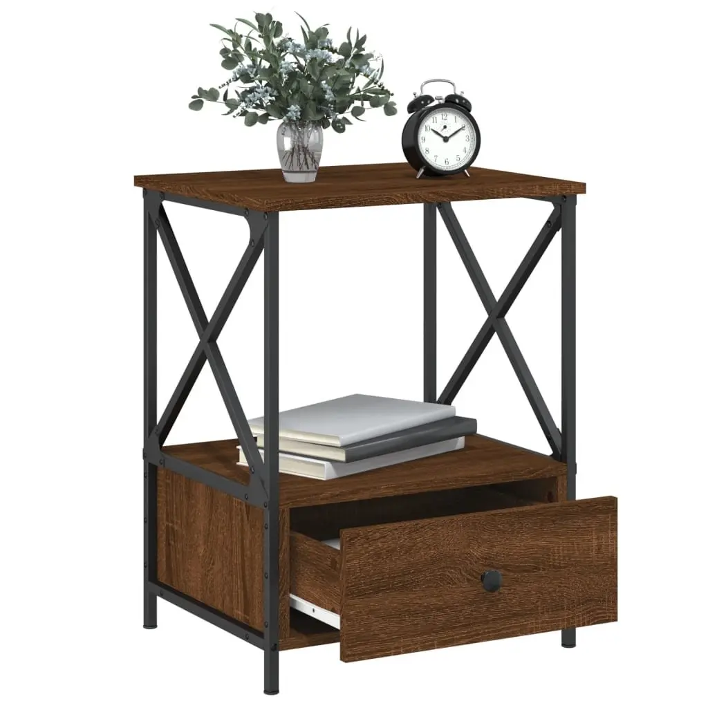 Bedside Tables Industrial Style Brown Engineered Wood Iron Frame 2 Piece Set