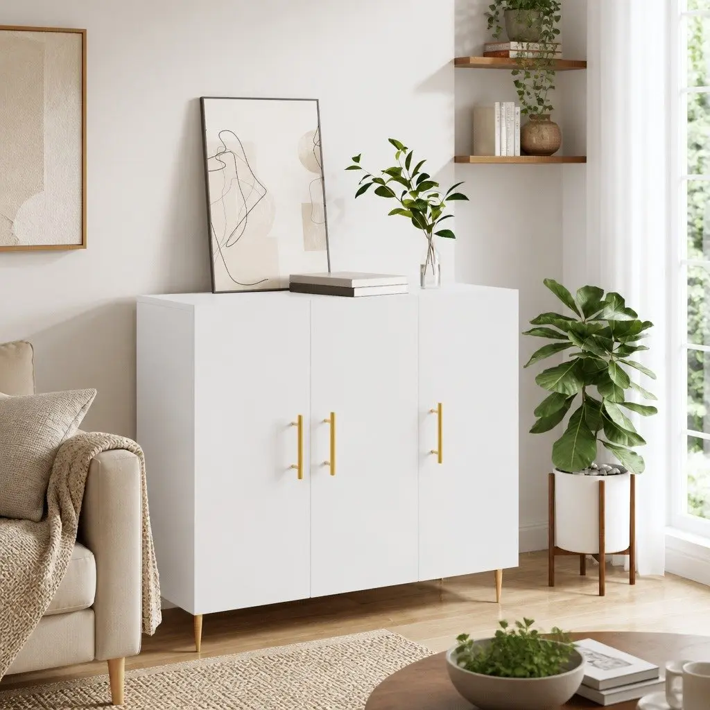 Sideboard White 90x34x80 cm Modern Engineered Wood Metal Legs
