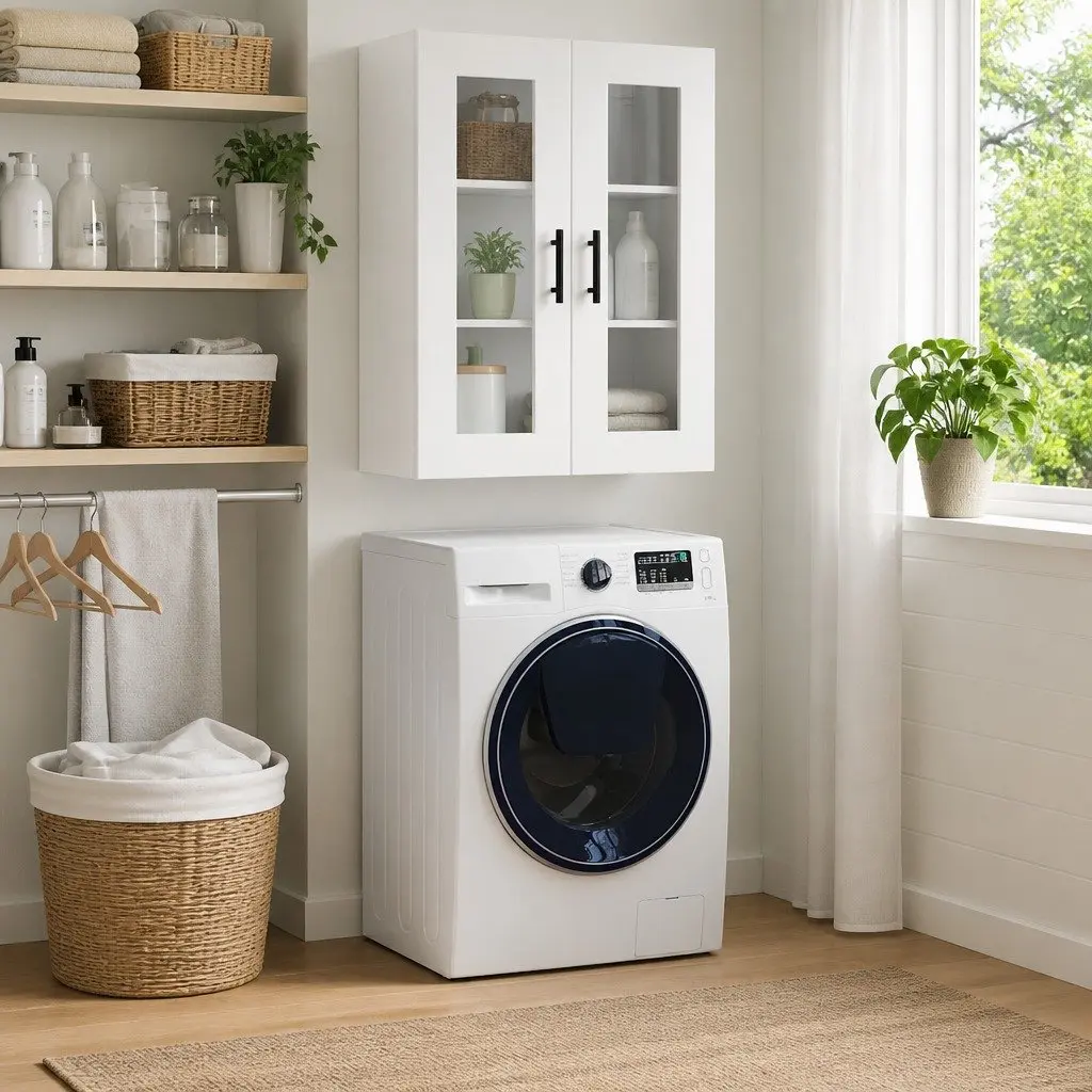 White Wall Mounted Storage Cabinet with Glass Door