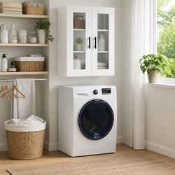 White Wall Mounted Storage Cabinet with Glass Door