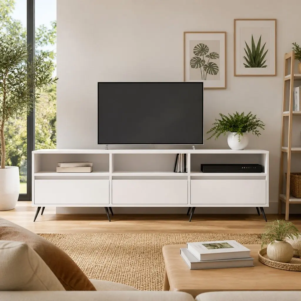 TV Cabinet White 150x30x44.5 cm Engineered Wood Storage Unit with 6 Compartments