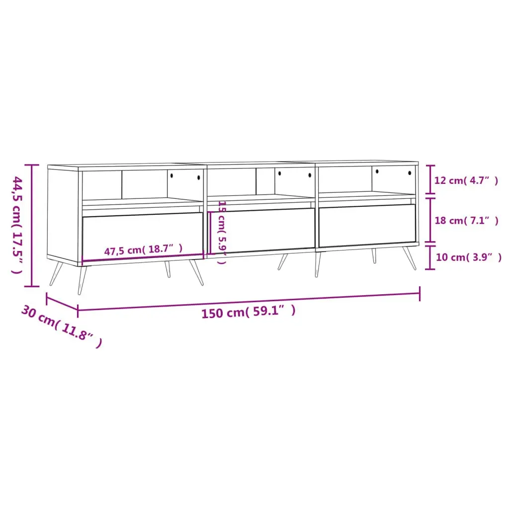 TV Cabinet White 150x30x44.5 cm Engineered Wood Storage Unit with 6 Compartments