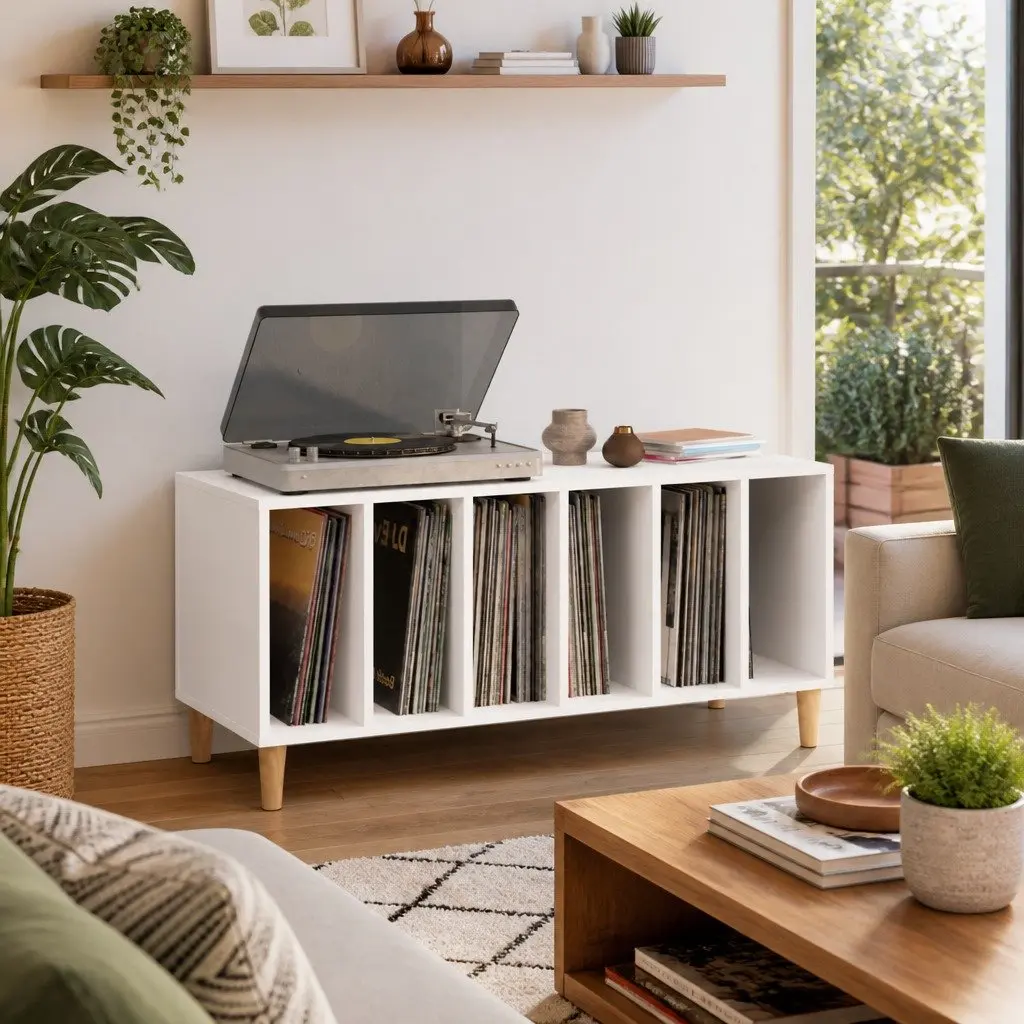 Record Storage Cabinet White Vinyl LP Display Music Collection Organizer
