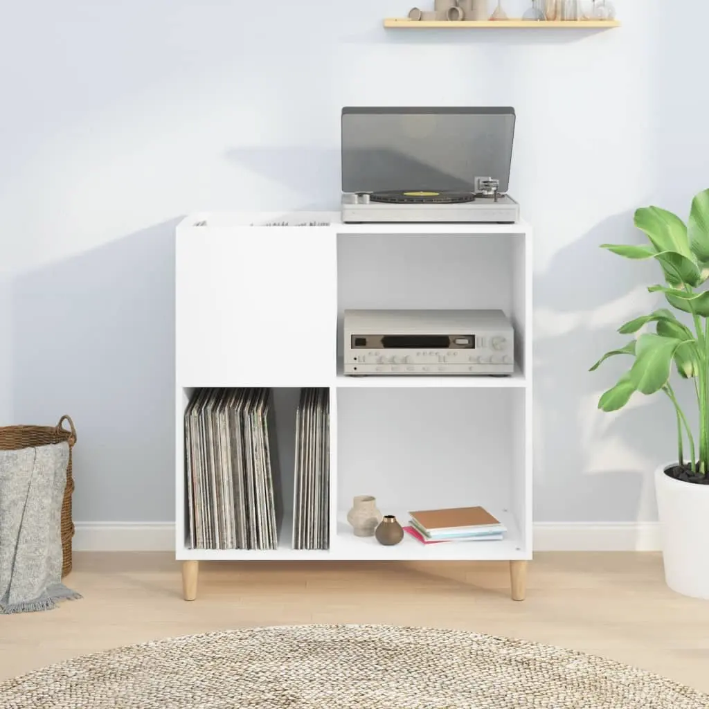 Record Cabinet White Engineered Wood Storage Vinyl LP Display Case with Wooden Feet