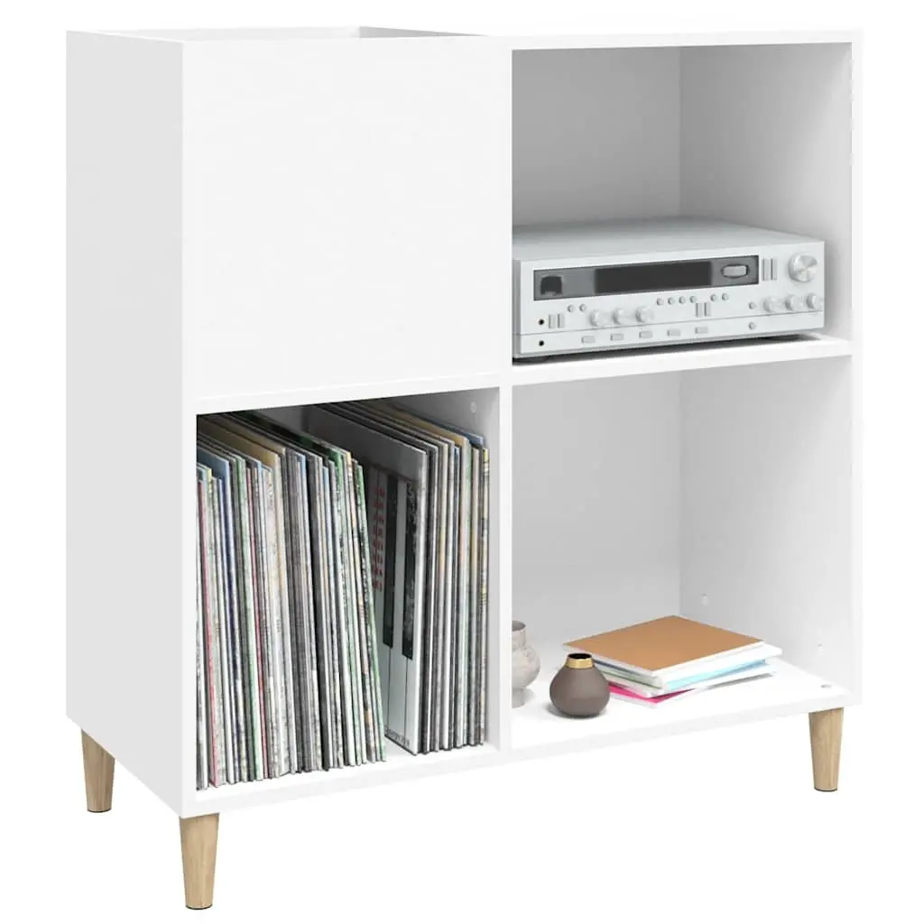 Record Cabinet White Engineered Wood Storage Vinyl LP Display Case with Wooden Feet
