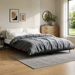 Black Bed Frame 135x190 cm with Engineered Wood and Metal Legs