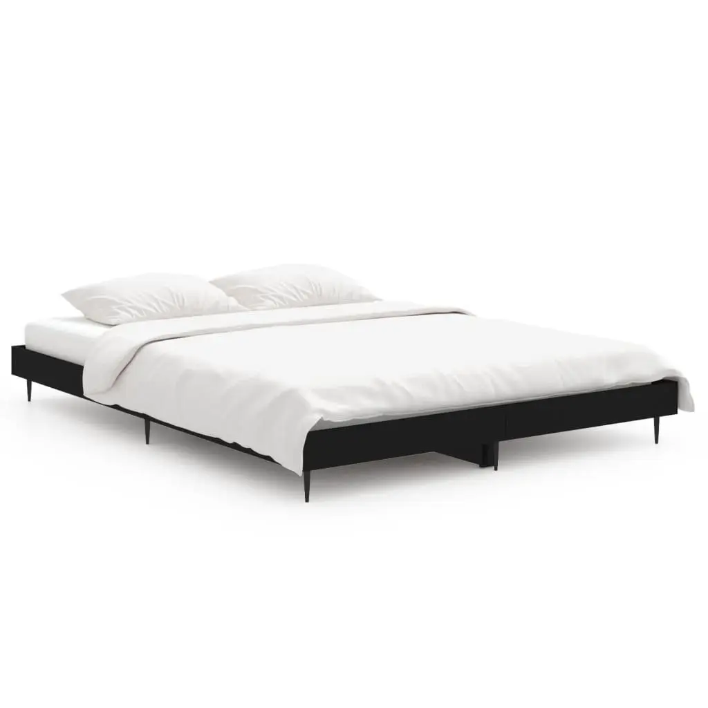 Black Bed Frame Engineered Wood 135x190 cm Metal Legs Slatted Base