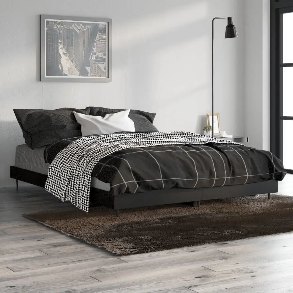Black Bed Frame Engineered Wood 135x190 cm Metal Legs Slatted Base