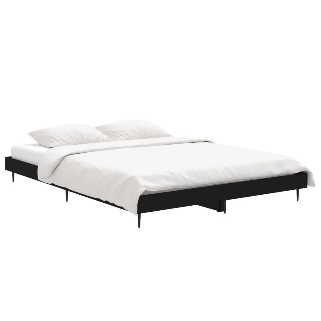 Black Bed Frame Engineered Wood 135x190 cm Metal Legs Slatted Base