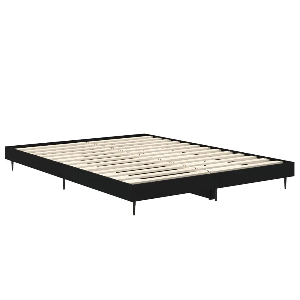 Black Bed Frame Engineered Wood 135x190 cm Metal Legs Slatted Base