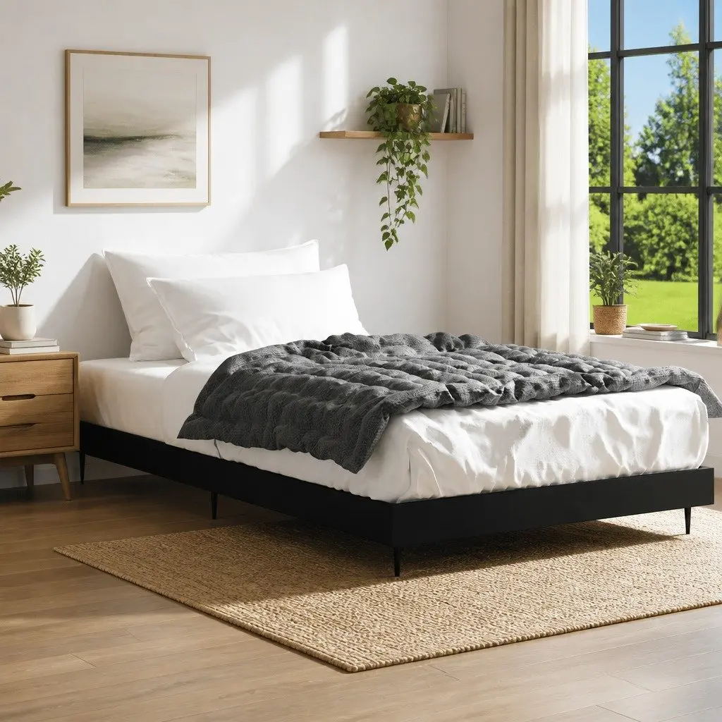 Bed Frame Black 90x190 cm Engineered Wood Slatted Base Metal Legs