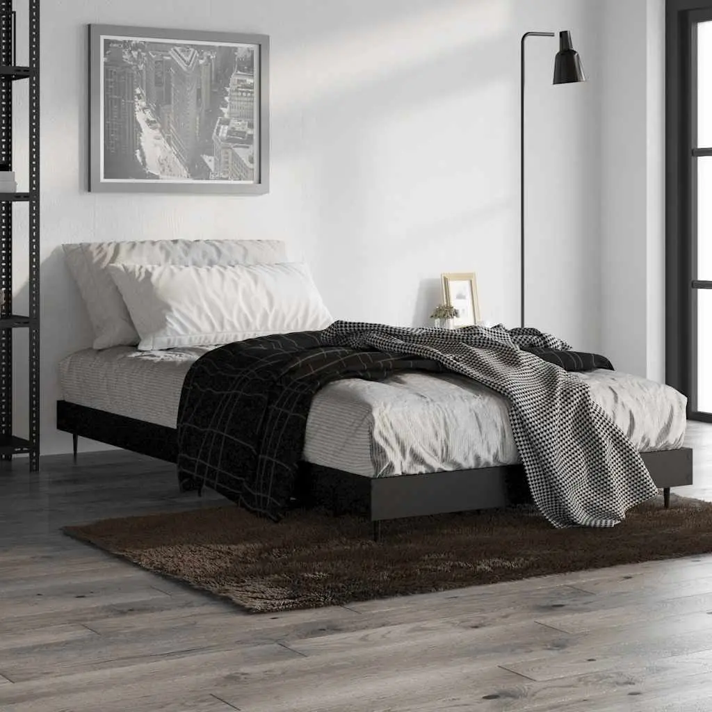 Bed Frame Black 90x190 cm Engineered Wood Slatted Base Metal Legs