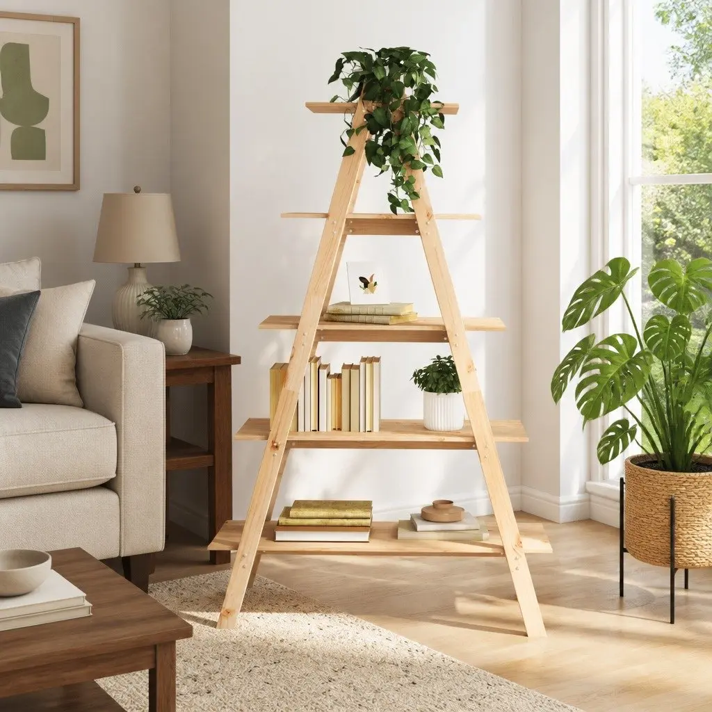 5-Tier A-Frame Wooden Shelf Brown Pine Storage Bookcases Display Stand