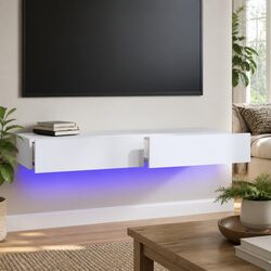 Modern White TV Cabinet with RGB LED Lights 120x35x15.5cm