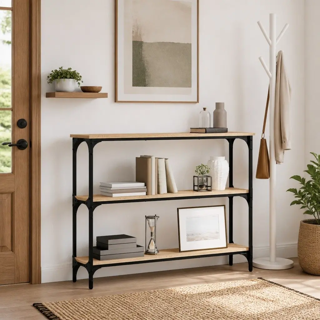 Console Table Sonoma Oak Brown Engineered Wood Metal Frame 100 x 22.5 x 75 cm