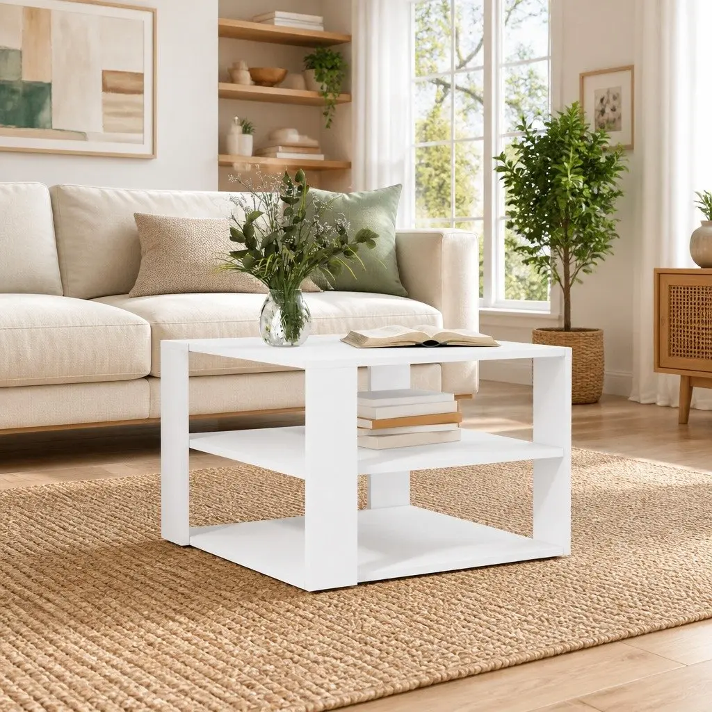 Coffee Table White 58x58x40 cm 3-Tier Open Shelf Storage Engineered Wood