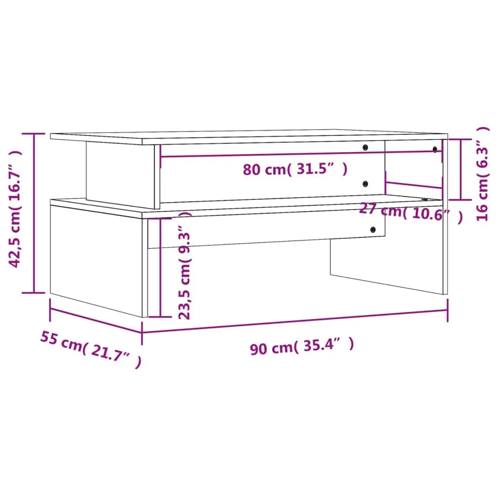 Coffee Table White 90L x 55W x 42.5H cm Engineered Wood