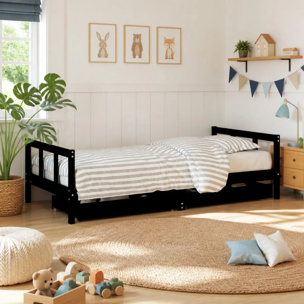 Kids Bed Frame Black 90x190cm Solid Pine Wood with Storage Drawers Low Height
