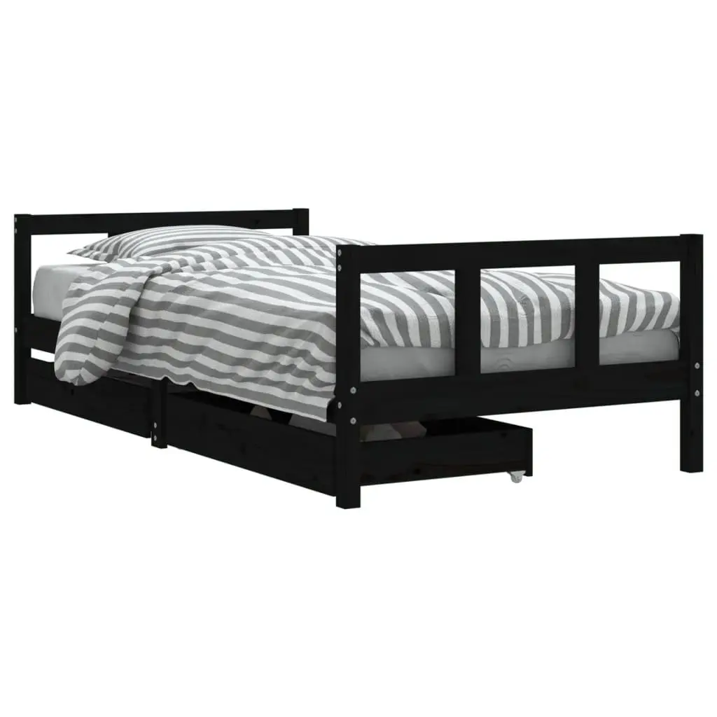 Kids Bed Frame Black 90x190cm Solid Pine Wood with Storage Drawers Low Height