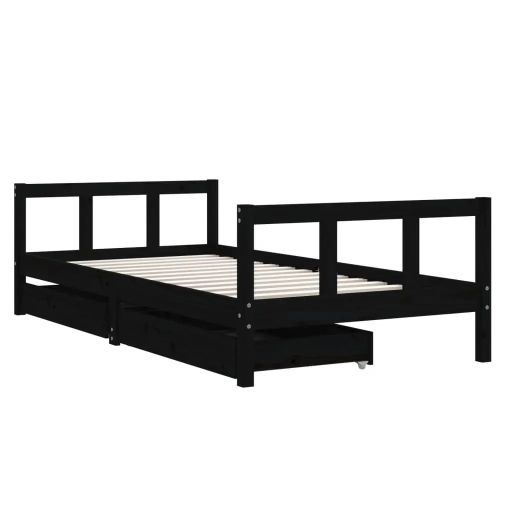 Kids Bed Frame Black 90x190cm Solid Pine Wood with Storage Drawers Low Height