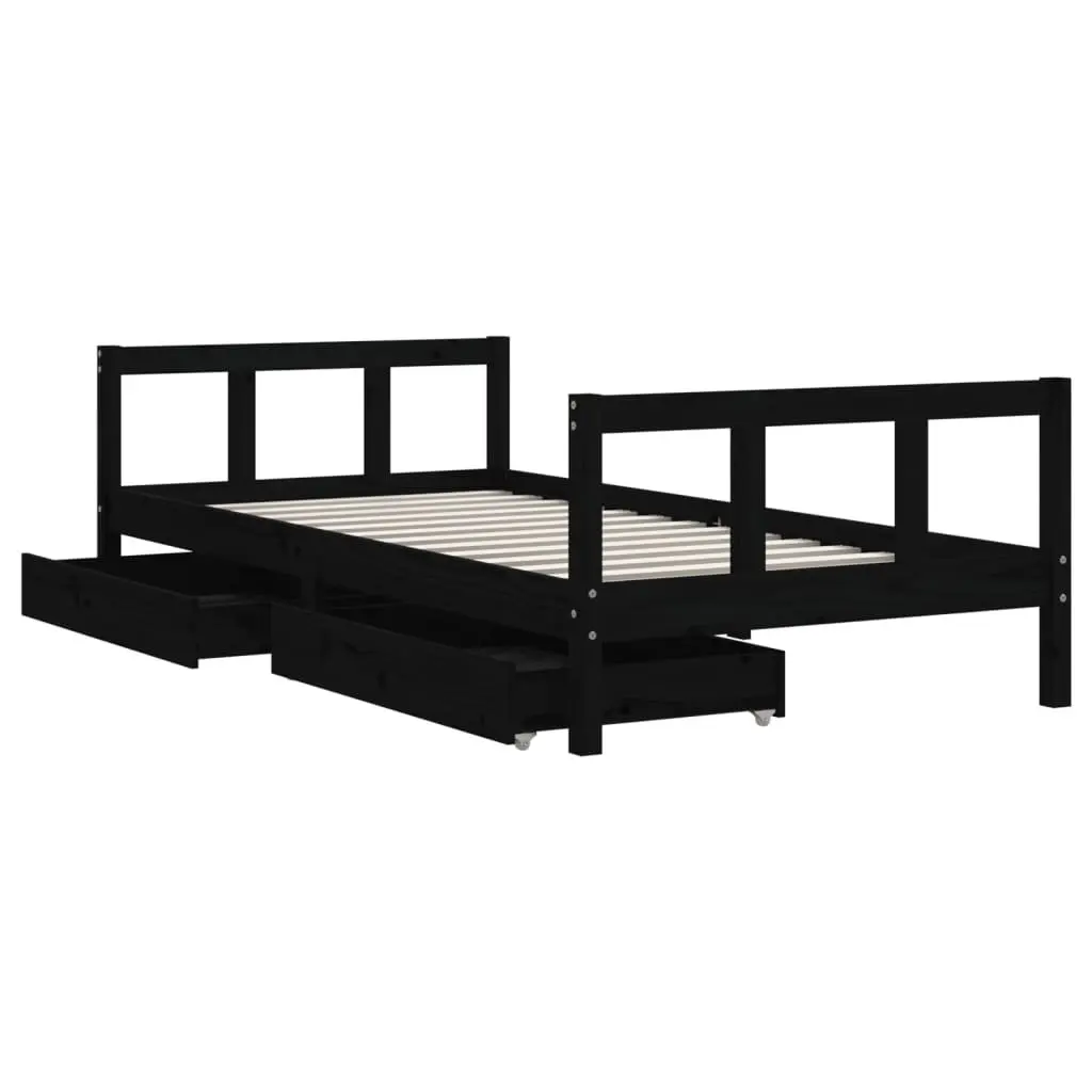 Kids Bed Frame Black 90x190cm Solid Pine Wood with Storage Drawers Low Height