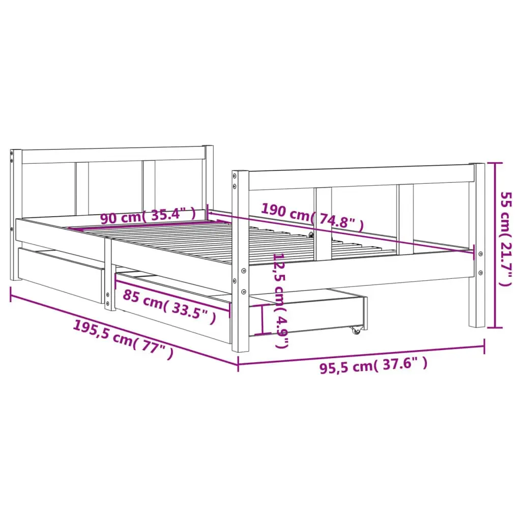 Kids Bed Frame Black 90x190cm Solid Pine Wood with Storage Drawers Low Height