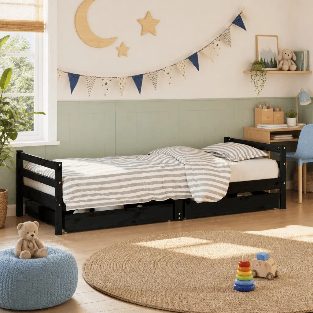 Kids Bed Frame Black 90x190 cm Solid Pine Wood with Storage Drawers