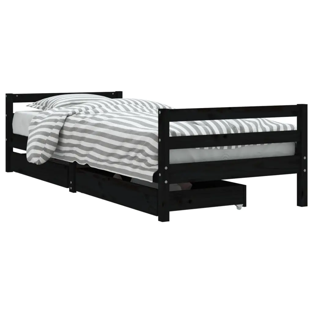 Kids Bed Frame Black 90x190 cm Solid Pine Wood with Storage Drawers