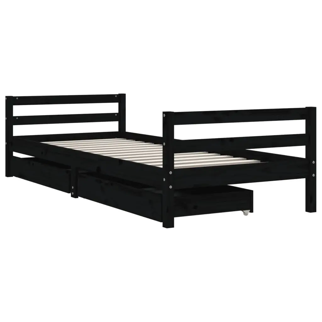 Kids Bed Frame Black 90x190 cm Solid Pine Wood with Storage Drawers