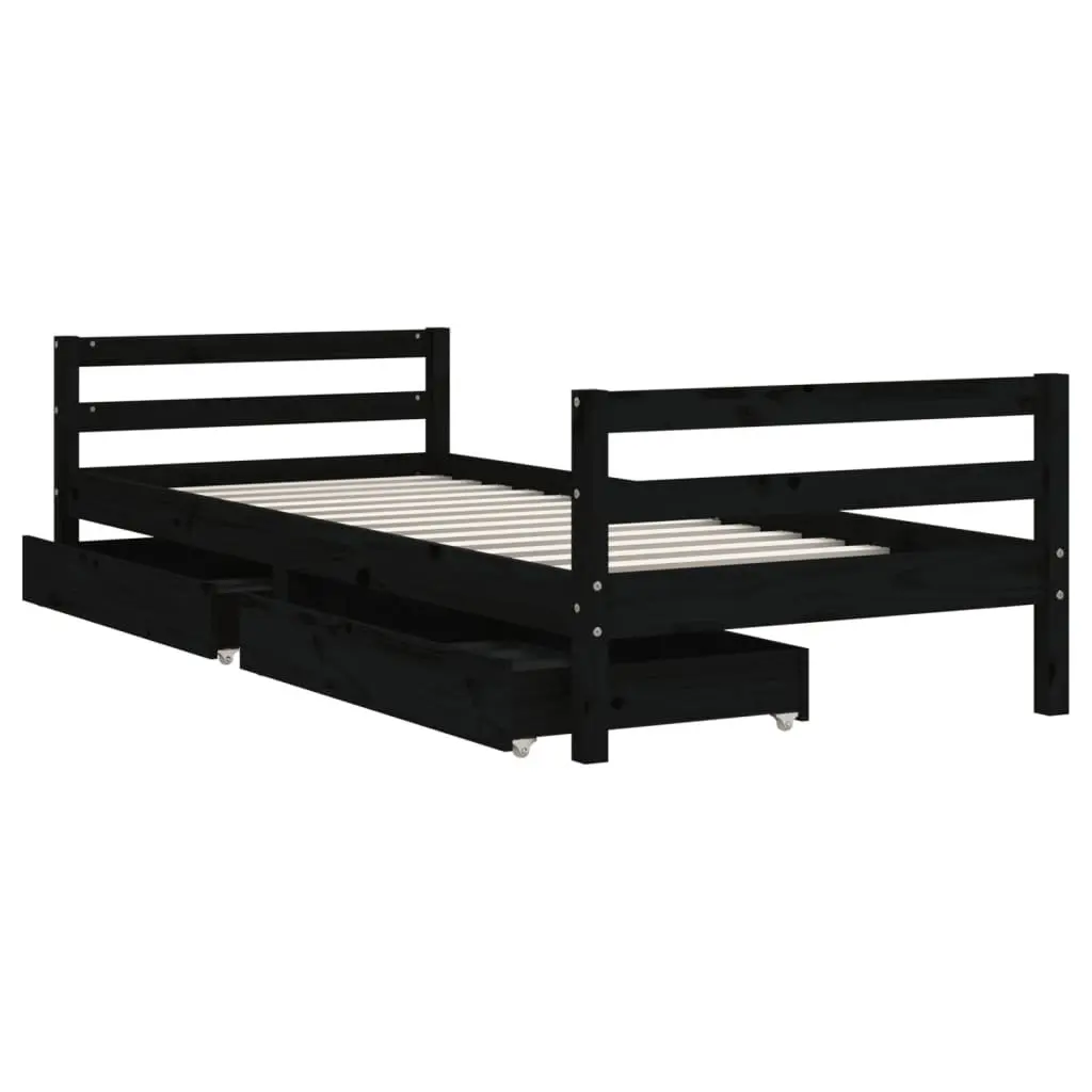 Kids Bed Frame Black 90x190 cm Solid Pine Wood with Storage Drawers