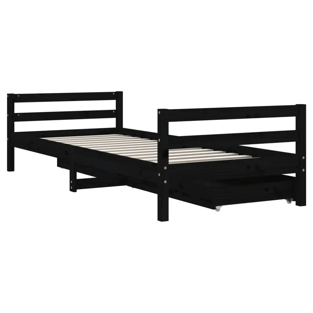 Kids Bed Frame Black 90x190 cm Solid Pine Wood with Storage Drawers