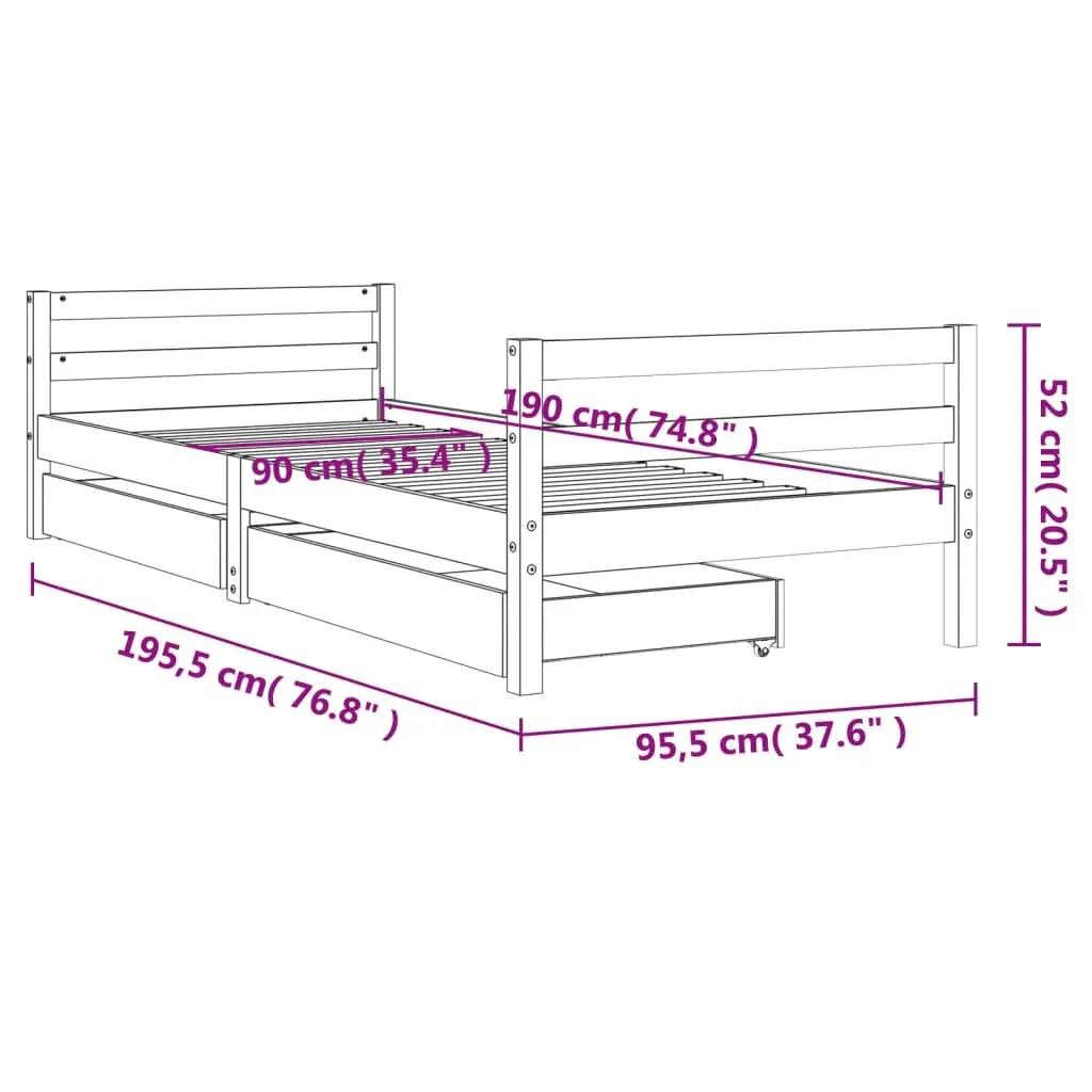 Kids Bed Frame Black 90x190 cm Solid Pine Wood with Storage Drawers