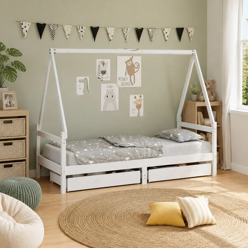 Kids Bed Frame House Style White Solid Pine Wood Single Bed with Storage Drawers
