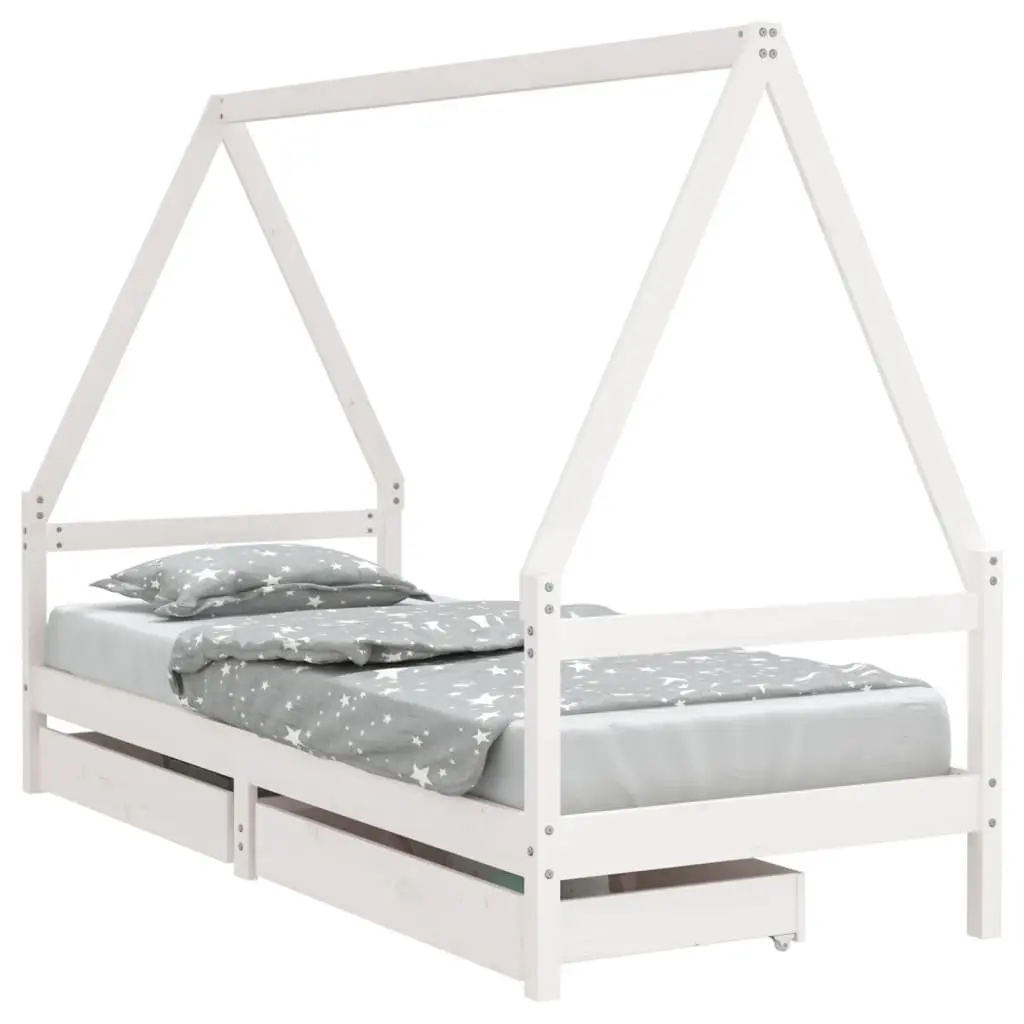 Kids Bed Frame House Style White Solid Pine Wood Single Bed with Storage Drawers