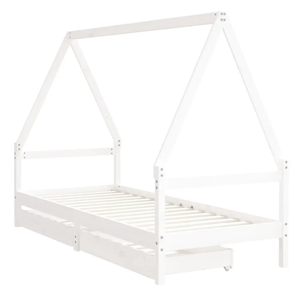 Kids Bed Frame House Style White Solid Pine Wood Single Bed with Storage Drawers