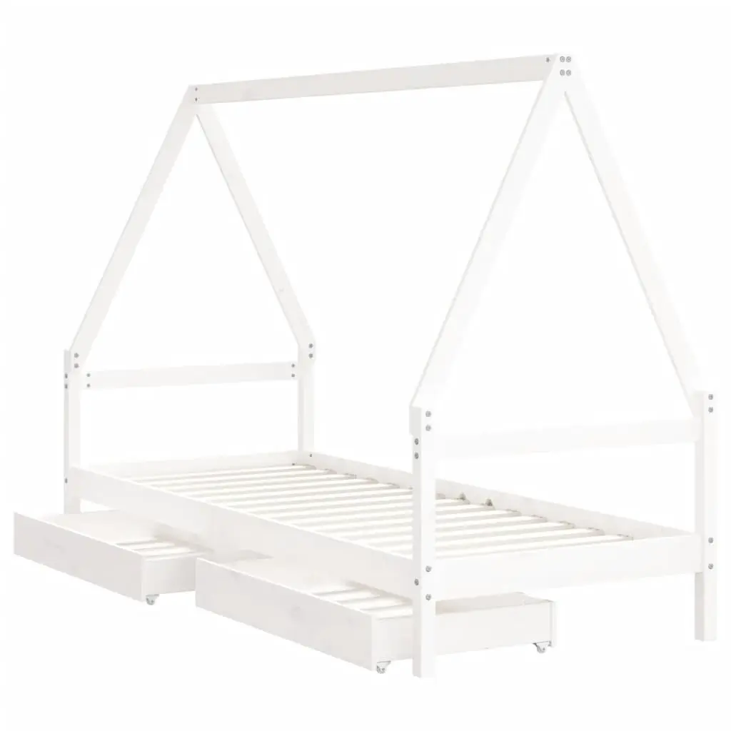 Kids Bed Frame House Style White Solid Pine Wood Single Bed with Storage Drawers