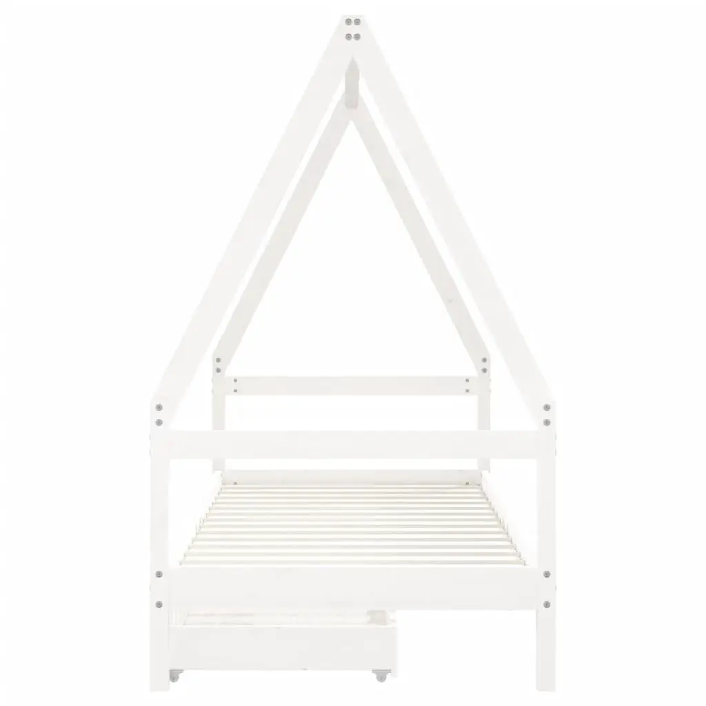Kids Bed Frame House Style White Solid Pine Wood Single Bed with Storage Drawers