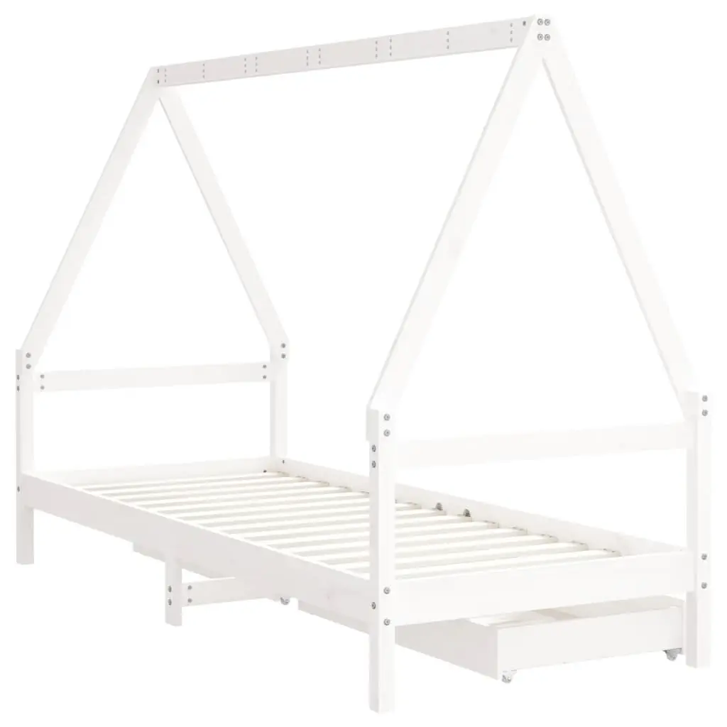 Kids Bed Frame House Style White Solid Pine Wood Single Bed with Storage Drawers