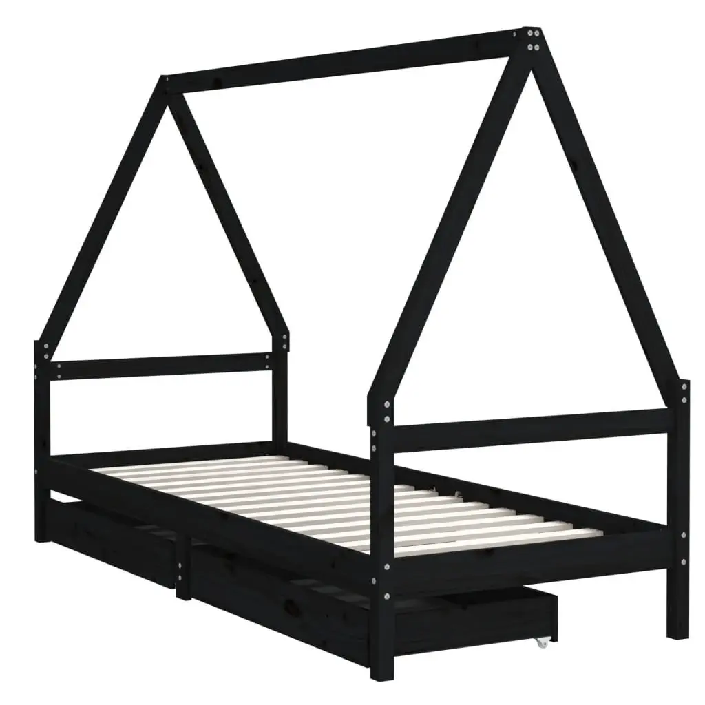 Kids Bed Frame with Storage Drawers House Design Solid Pine Wood 90x190cm Black