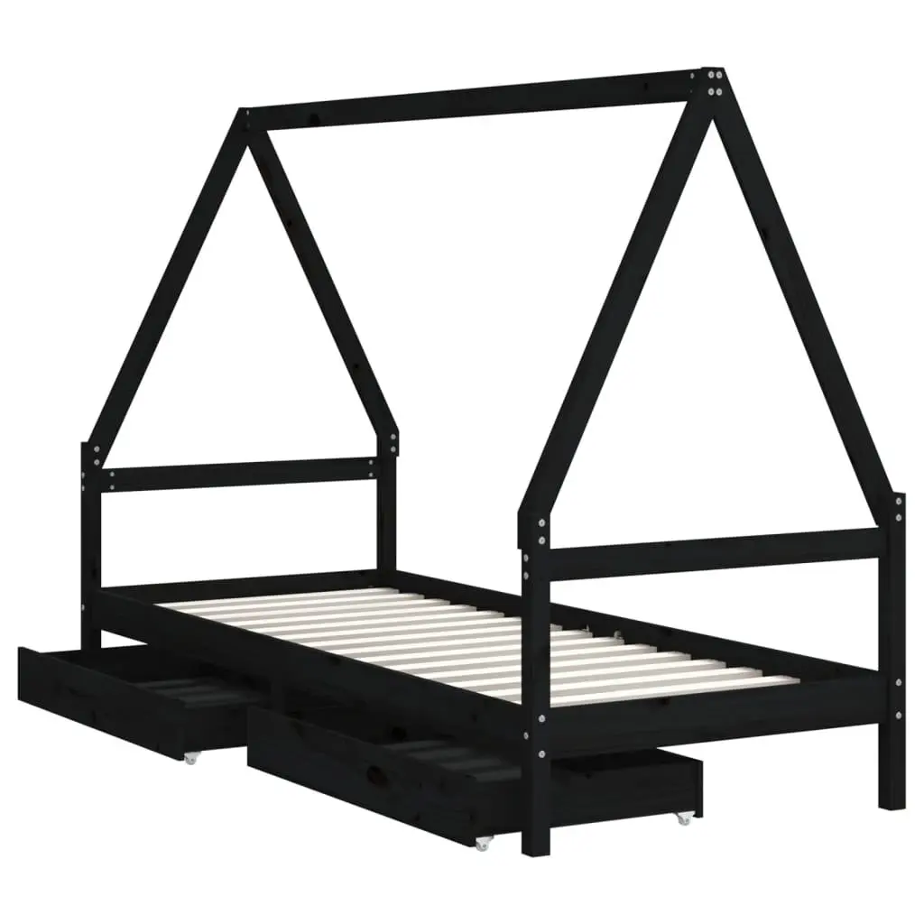 Kids Bed Frame with Storage Drawers House Design Solid Pine Wood 90x190cm Black