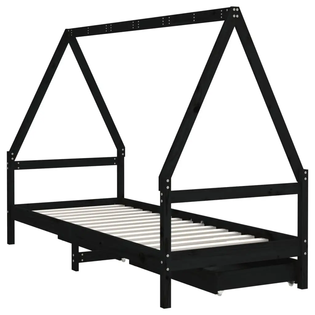 Kids Bed Frame with Storage Drawers House Design Solid Pine Wood 90x190cm Black