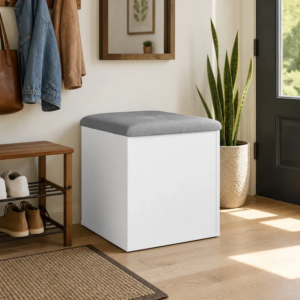 White Storage Bench with Padded Seat for Entryway