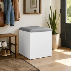White Storage Bench with Padded Seat for Entryway