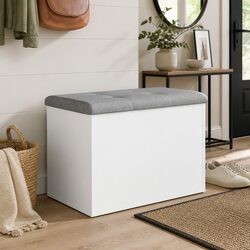 White Storage Bench with Padded Cushion for Entryway