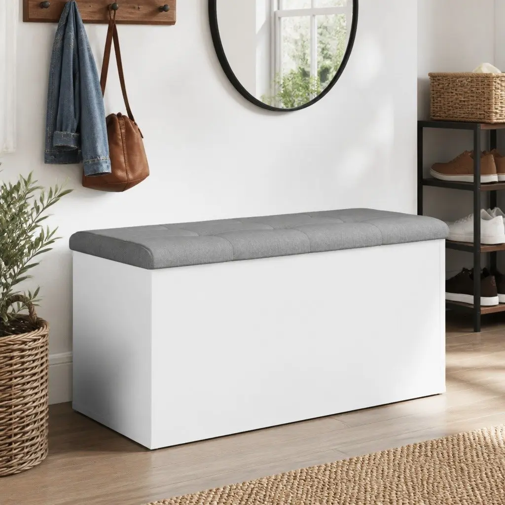White Storage Bench for Hallway Entryway with Padded Seat