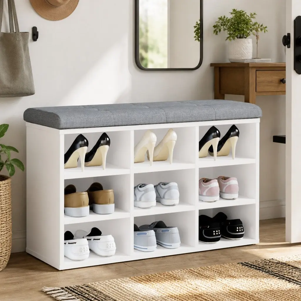 Shoe Bench White Padded Cushion Storage Seating Engineered Wood 82L x 32W x 50H cm