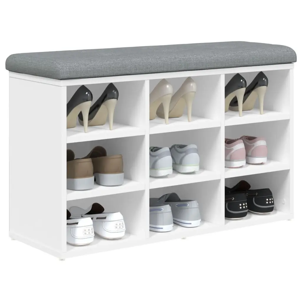 Shoe Bench White Padded Cushion Storage Seating Engineered Wood 82L x 32W x 50H cm