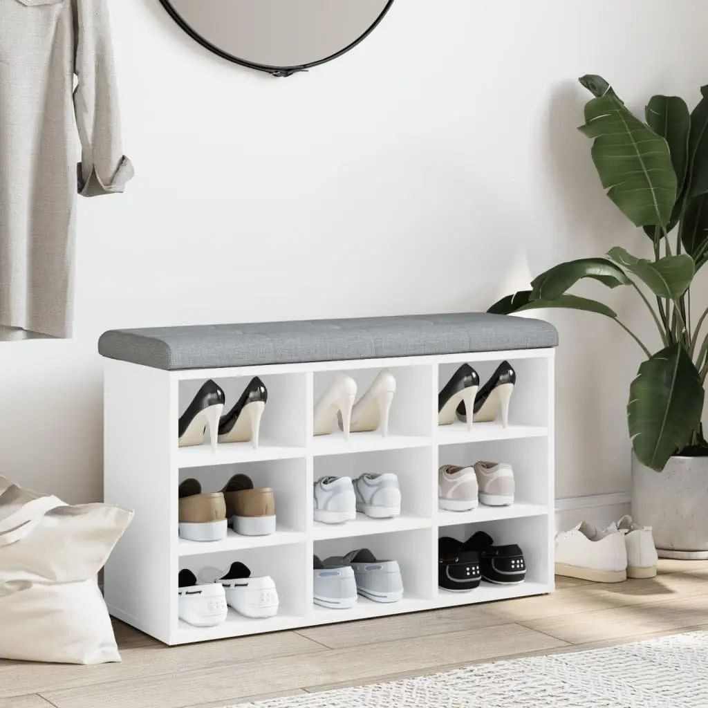 Shoe Bench White Padded Cushion Storage Seating Engineered Wood 82L x 32W x 50H cm