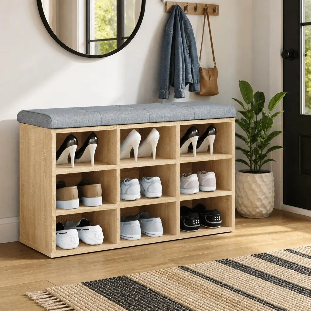 Brown Shoe Bench with Padded Seat for Storage